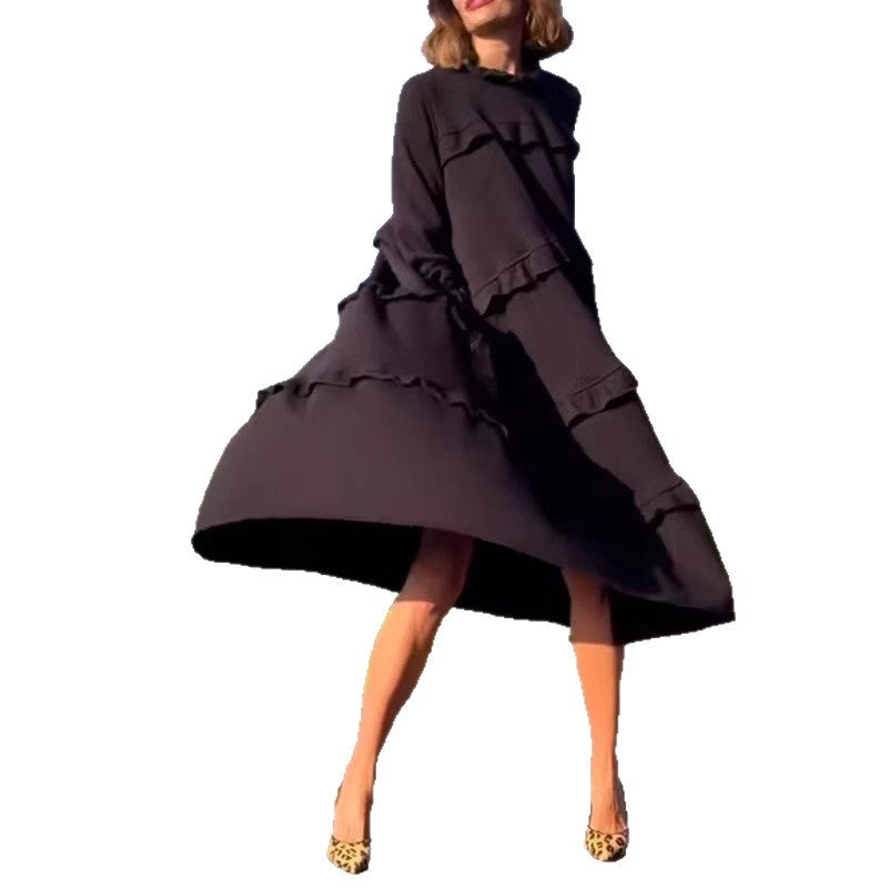Women's nan castiges tiered midi dress with ruffled collar, gathered cuffs, and hidden side pockets StylebySassy