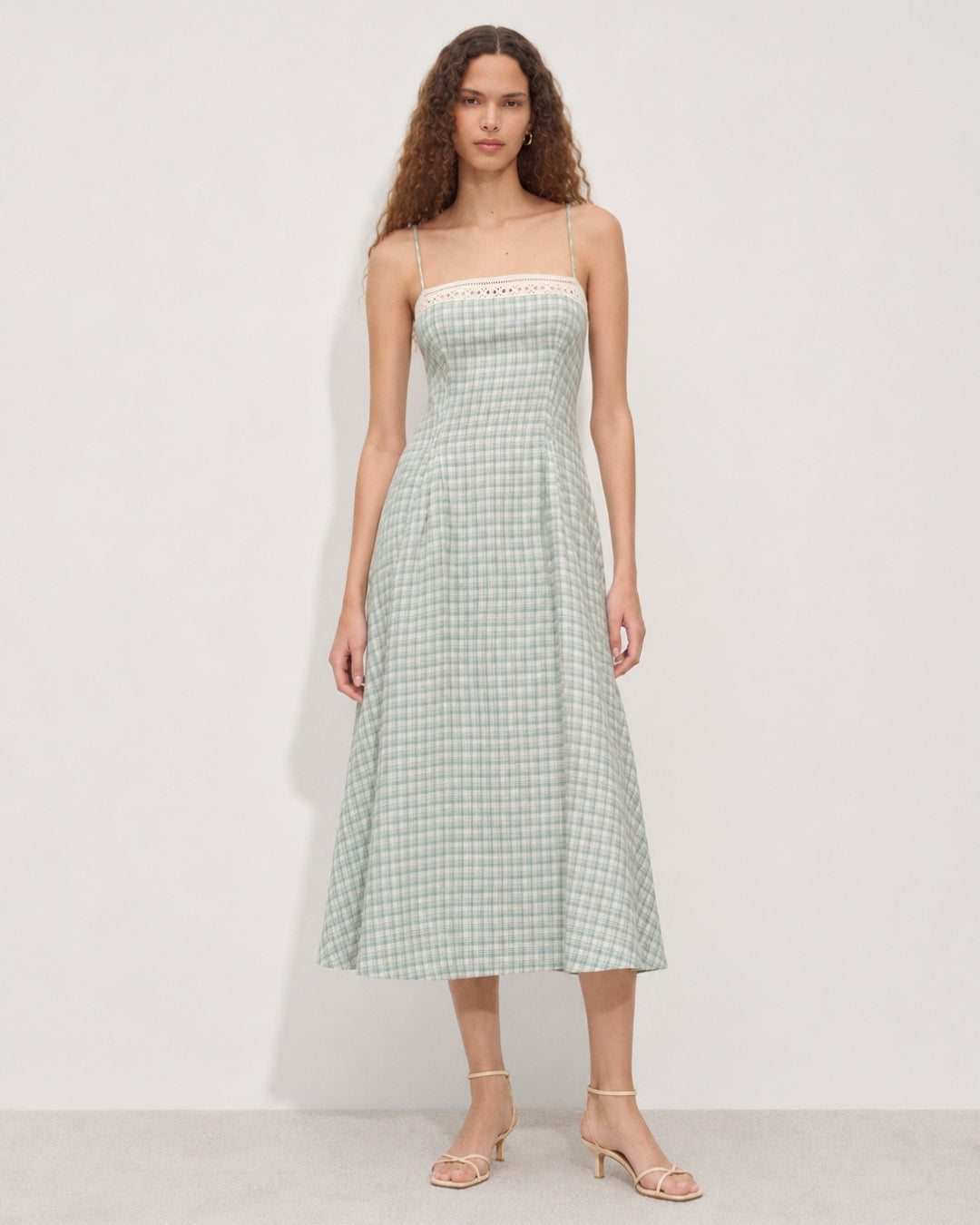 Women's Vintage-inspired Midi Dress with Slim Spaghetti Straps, Lace Insert and Flared Skirt StylebySassy