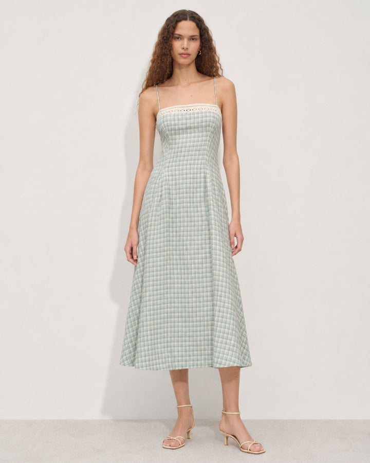 Women's Vintage-inspired Midi Dress with Slim Spaghetti Straps, Lace Insert and Flared Skirt StylebySassy