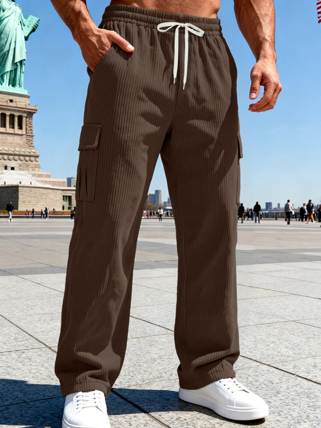 Men's knitted Cargo jogging pants with elastic drawstring waistband and side flap pockets StylebySassy