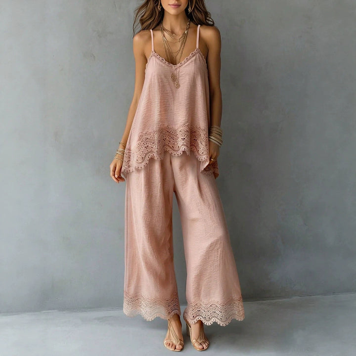 Ladies lightweight two-piece set with spaghetti strap top, intricate lace hem, and wide palazzo pants StylebySassy