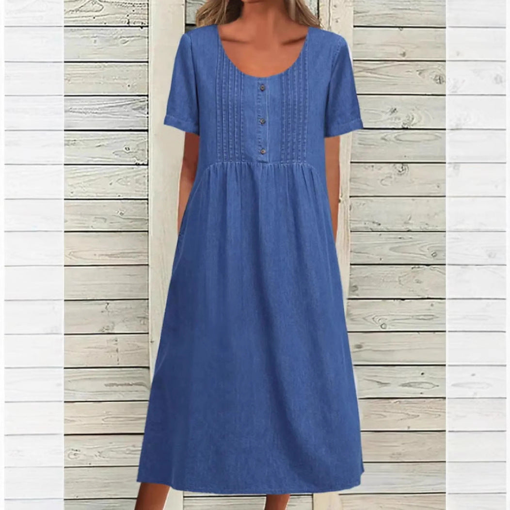 Ladies' knee-length dress in denim look with round neckline, chest piping and side inset pockets StylebySassy