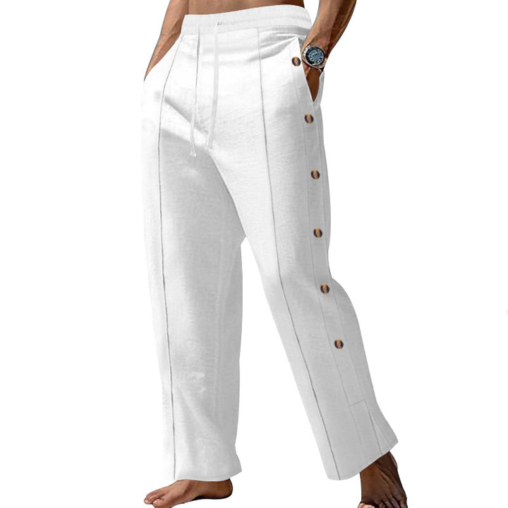 Men's nautical relaxed trousers with wide leg, elastic drawstring waistband and side button placket StylebySassy