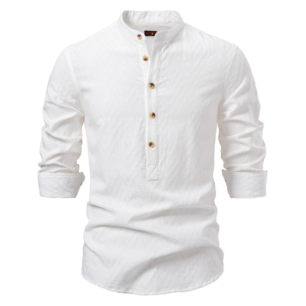 Men's jacquard shirt with stand-up collar, half button placket, and wood-look buttons StylebySassy