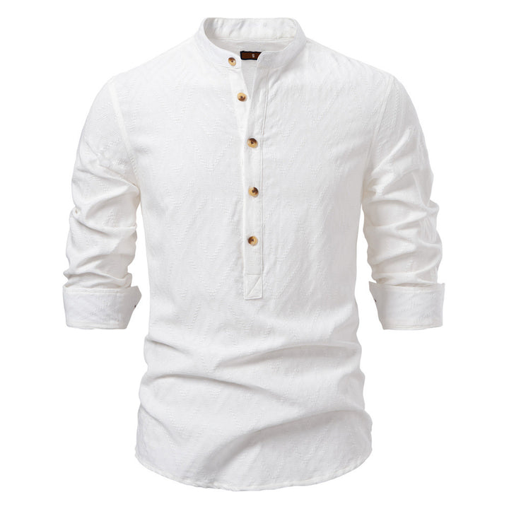 Men's jacquard shirt with stand-up collar, half button placket, and wood-look buttons StylebySassy