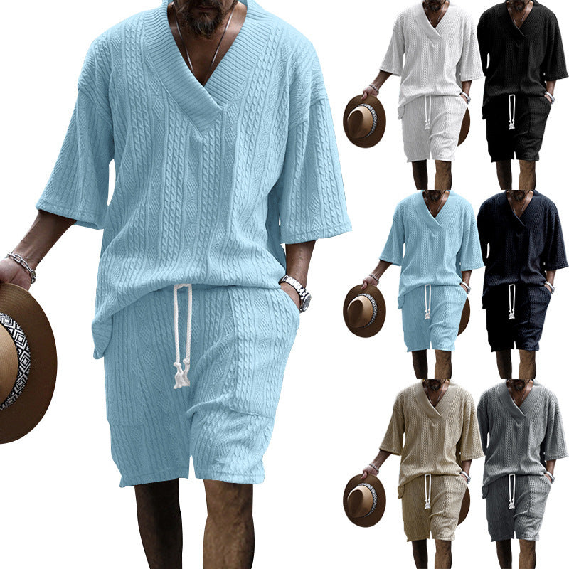 Men's casual structured knit set with deep V-neck boxy short sleeve sweater and drawstring shorts StylebySassy