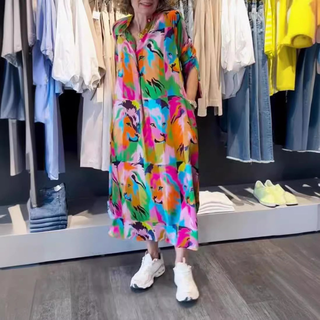 Women's shirt dress maxi dress with pop art lion print, button placket and side pockets StylebySassy