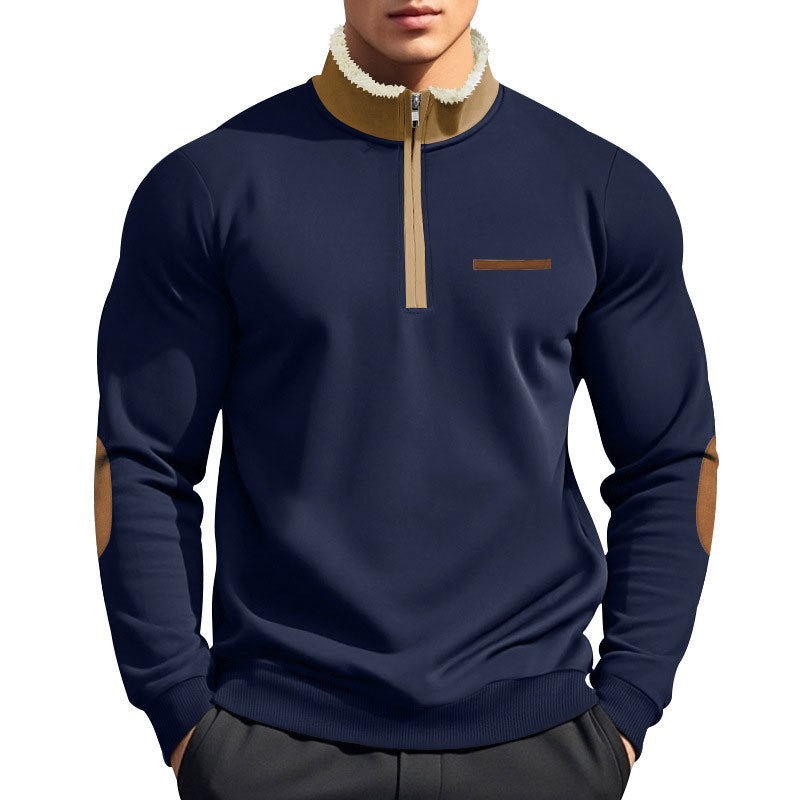Men's half-zip troyer with teddy fleece collar and leather elbow patches StylebySassy