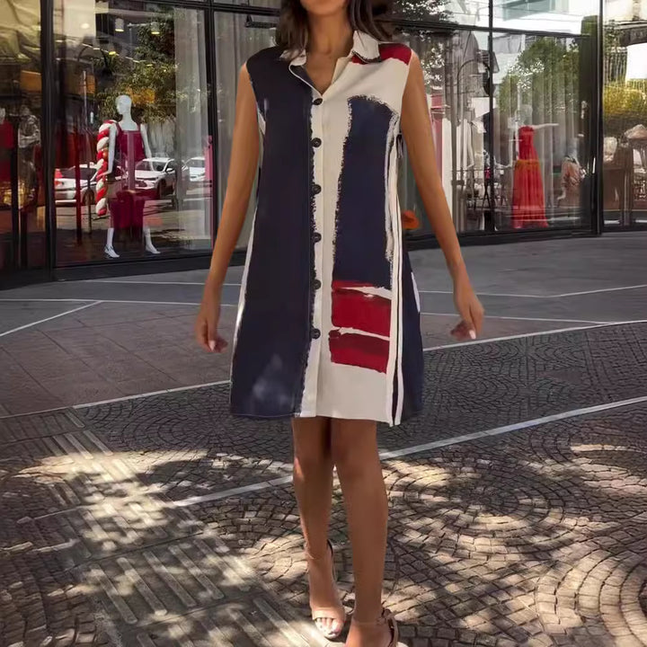 Women's sleeveless shirt tunic dress with collar, full button placket and graphic block print StylebySassy