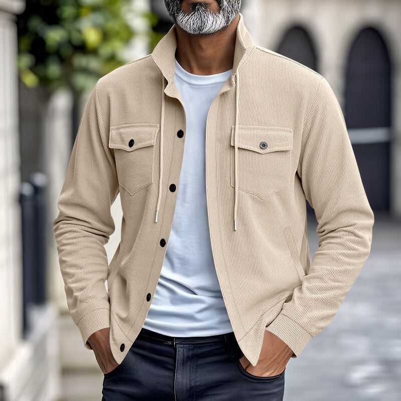 Men's functional cord shirt jacket with high stand collar, drawstring, and patch pockets StylebySassy
