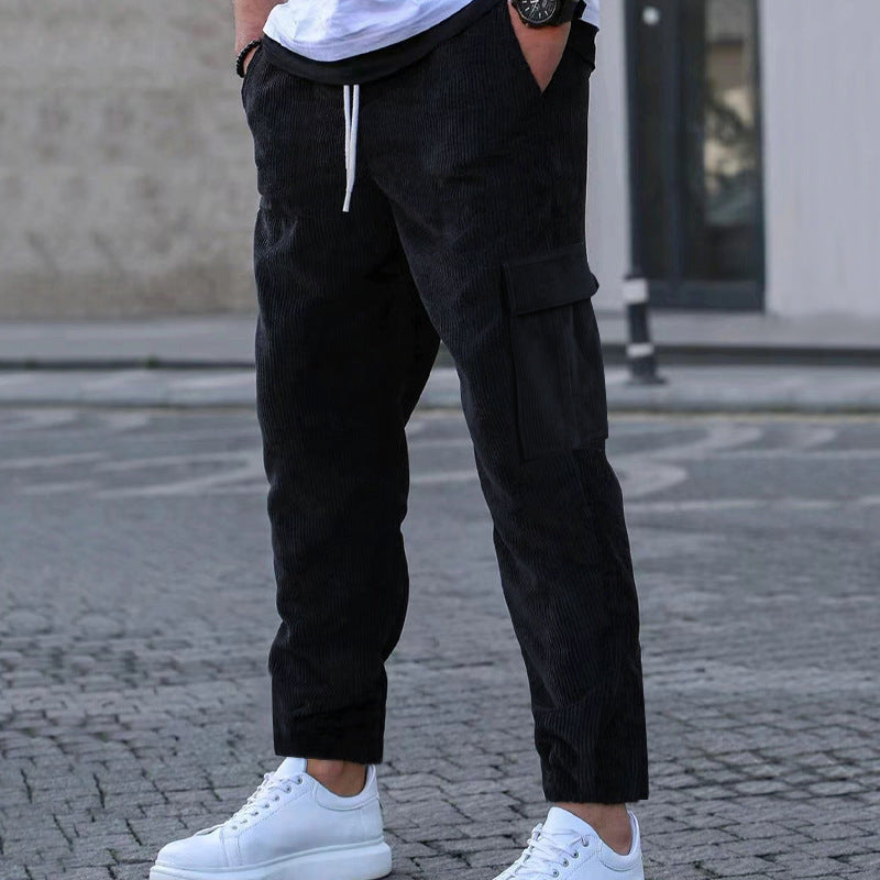 Men's tapered corduroy joggers with elastic drawstring waistband and patch flap pockets StylebySassy
