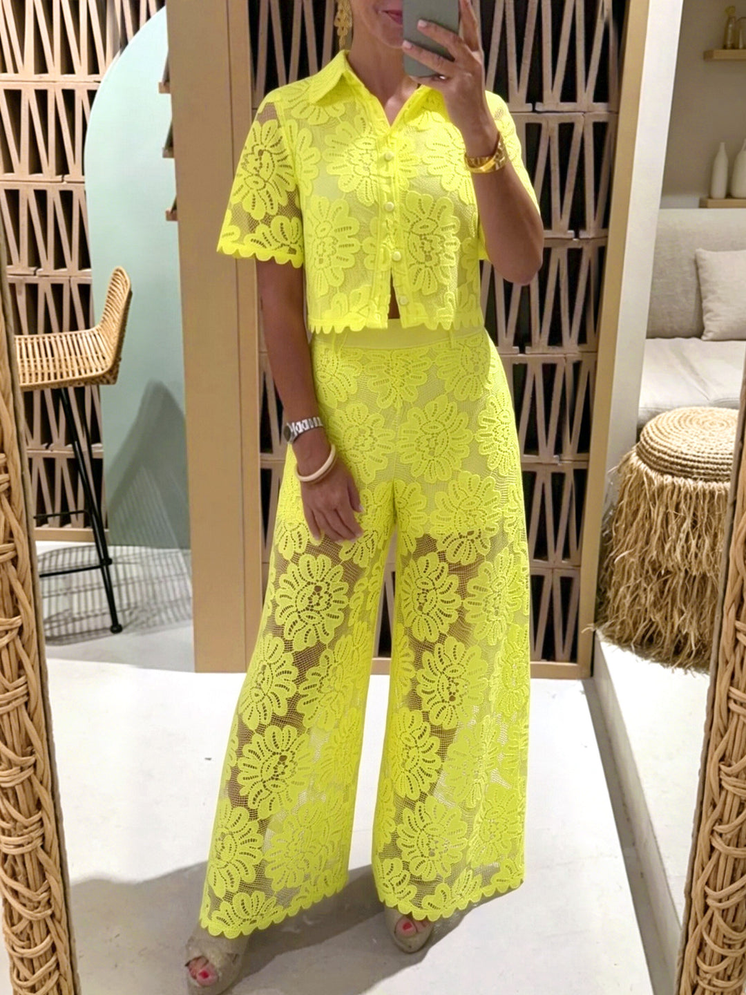 Women's elegant lace combination with short-sleeved blouse, scalloped hem, and tailored palazzo pants with tie belt StylebySassy