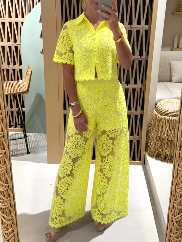 Women's elegant lace combination with short-sleeved blouse, scalloped hem, and tailored palazzo pants with tie belt StylebySassy
