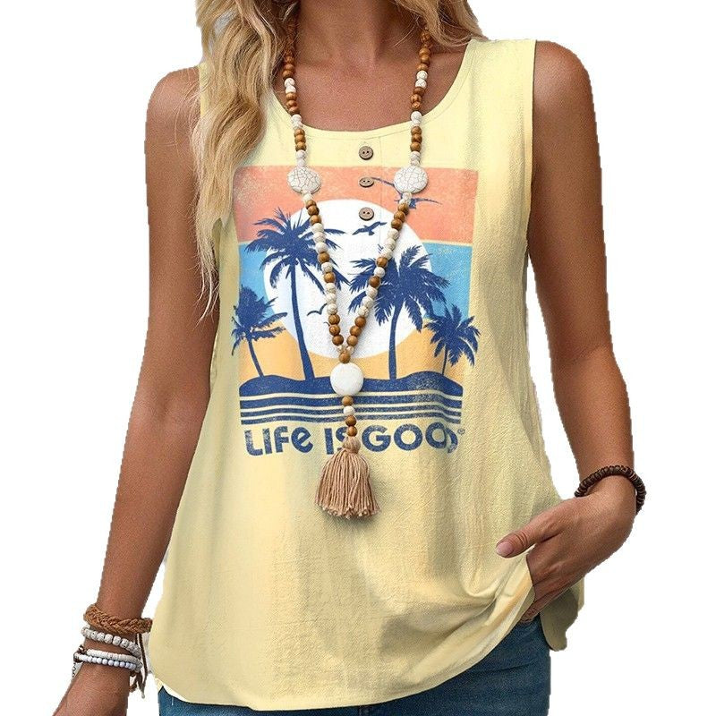 Women's sleeveless summer top with palm motif, decorative button placket and loose fit StylebySassy