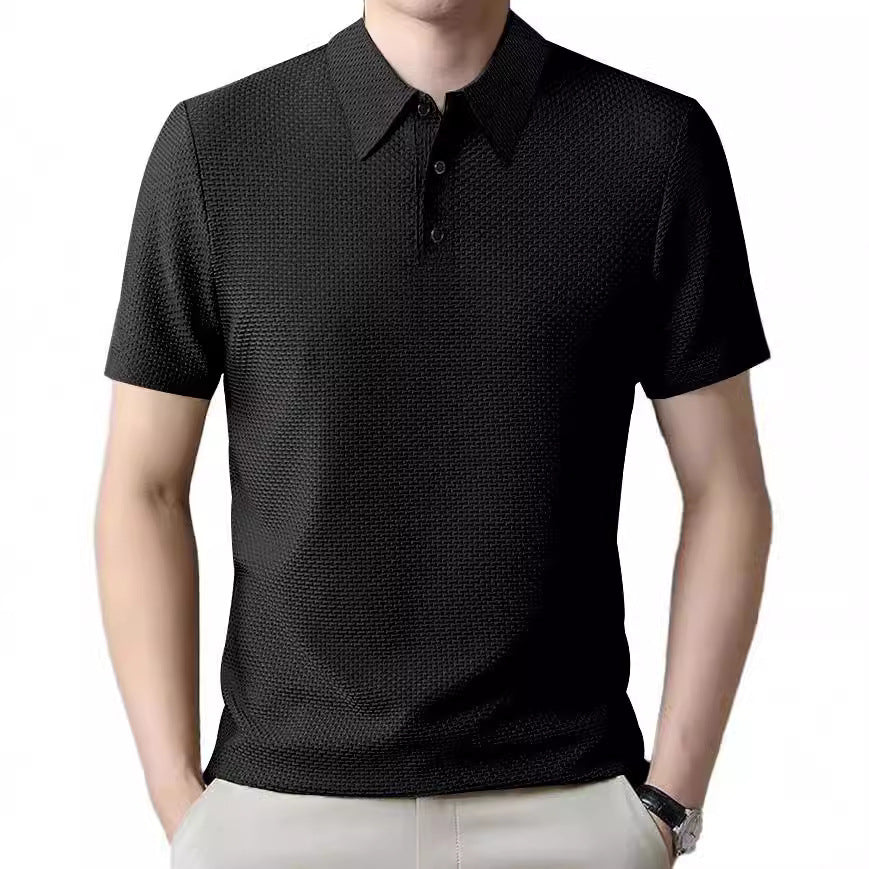 Men's structured short sleeve polo with pointed shirt collar and three-button placket StylebySassy