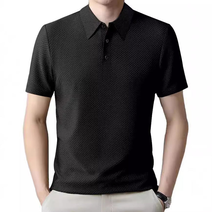 Men's structured short sleeve polo with pointed shirt collar and three-button placket StylebySassy