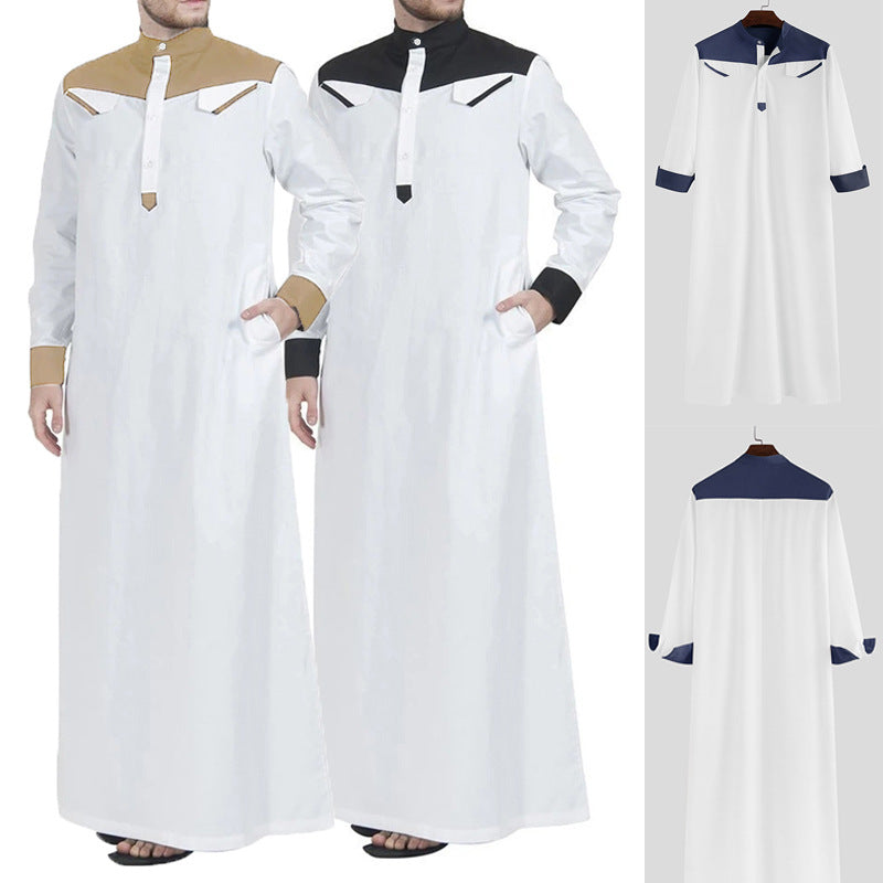 Men's long thobe with contrasting shoulder yoke, stand collar, and side pockets StylebySassy