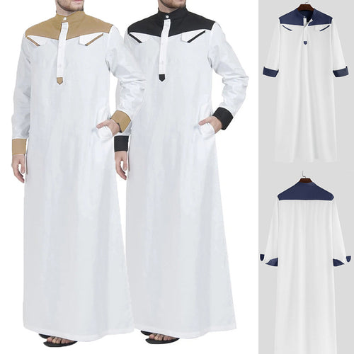 Men's long thobe with contrasting shoulder yoke, stand collar, and side pockets StylebySassy