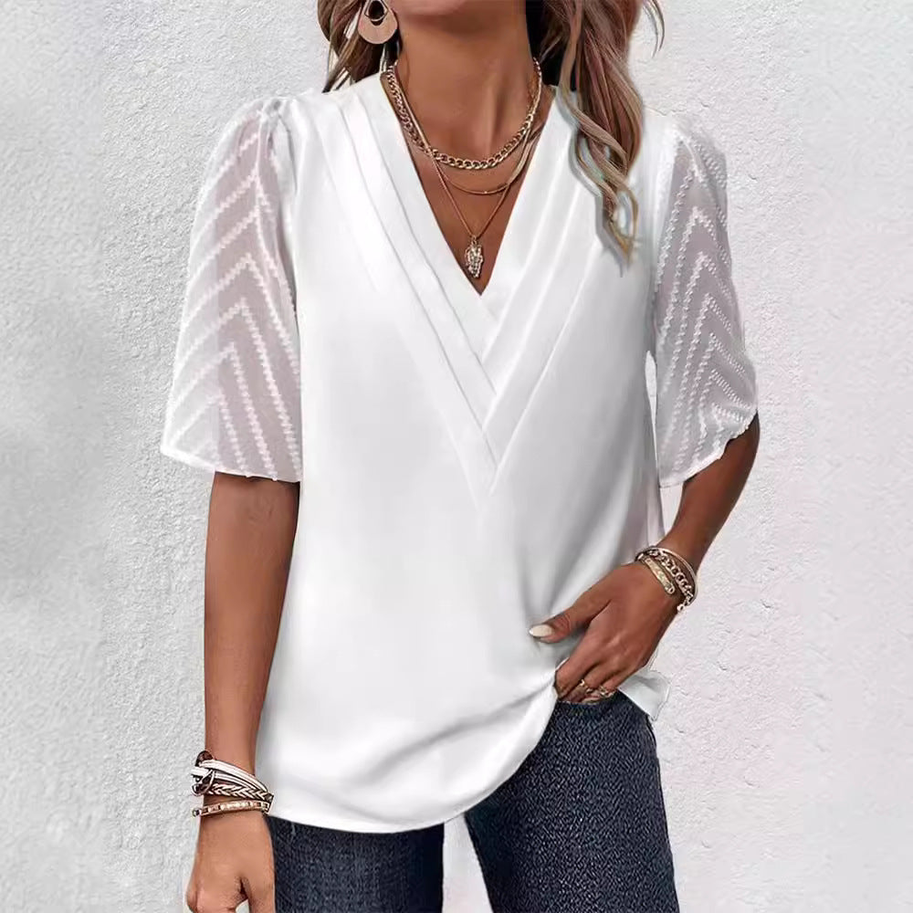 Women’s V-neck blouse with pleated yoke and transparent zigzag sleeves StylebySassy