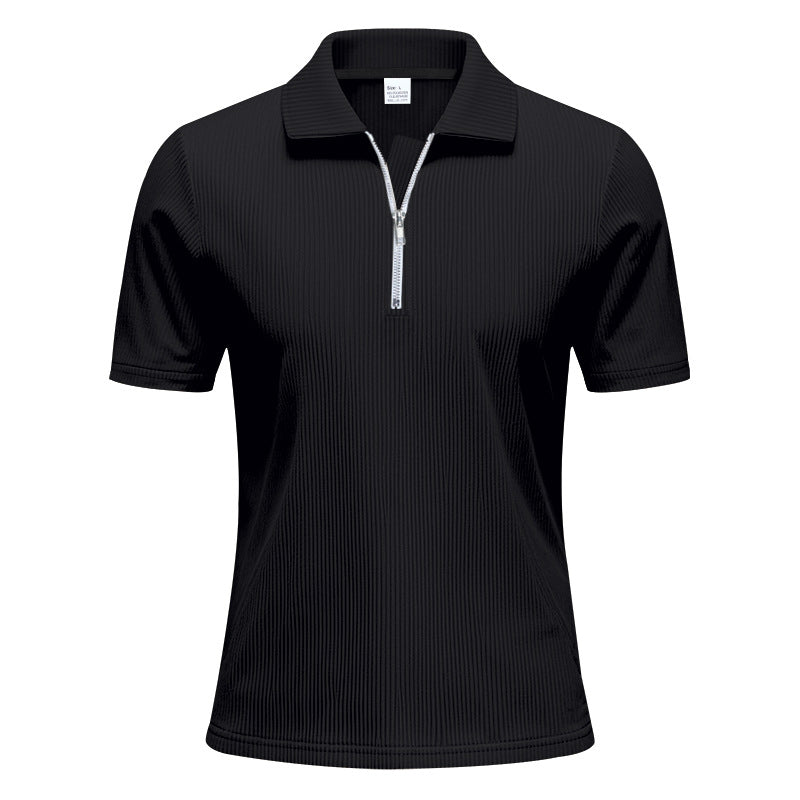Men's short-sleeved polo with a short zipper at the collar and fine ribbed texture StylebySassy