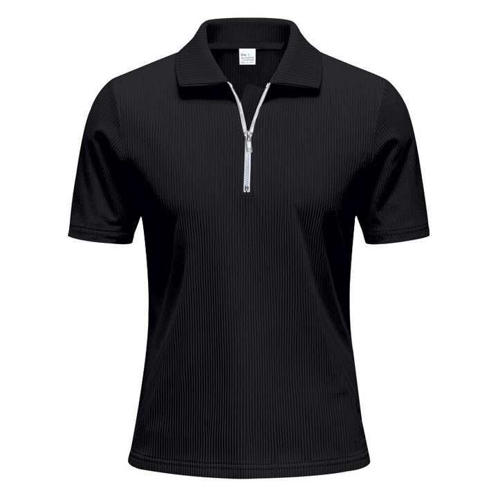 Men's short-sleeved polo with a short zipper at the collar and fine ribbed texture StylebySassy