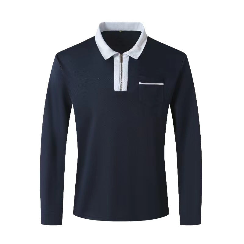 Men's elegant long-sleeve polo shirt with distinctive stand-up collar metal short zip and chest pocket StylebySassy