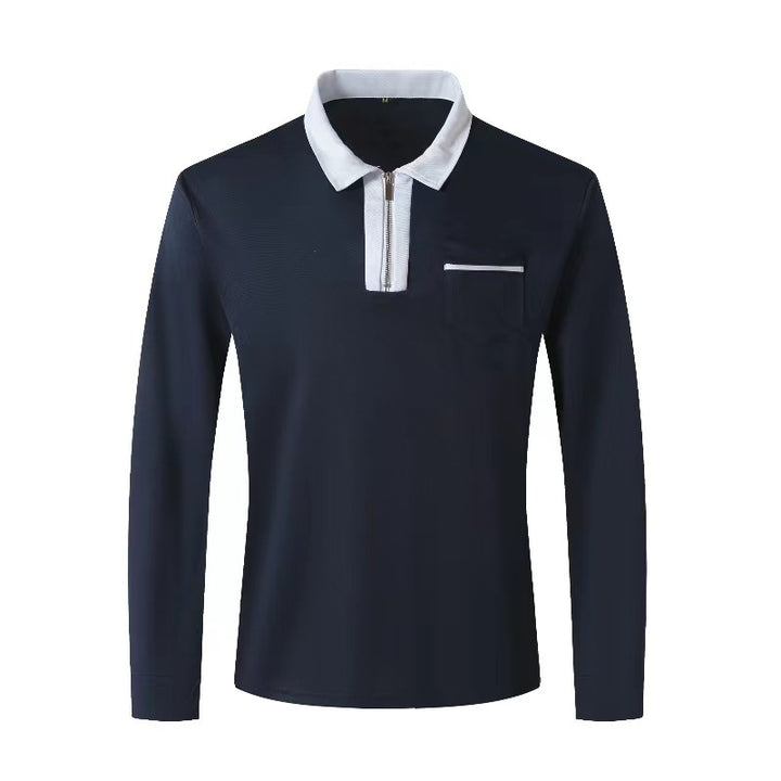 Men's elegant long-sleeve polo shirt with distinctive stand-up collar metal short zip and chest pocket StylebySassy