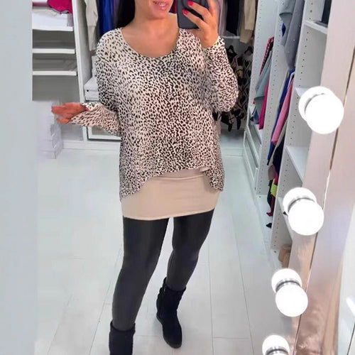 Women loose-fitting tunic long sleeve with leopard print, rounded hem and layered look StylebySassy