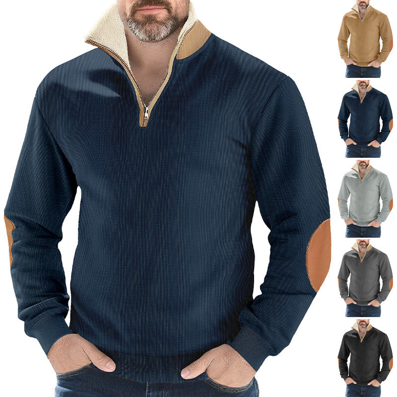 Men's structured knit half-zip pullover with warming sherpa collar and velour elbow patches StylebySassy