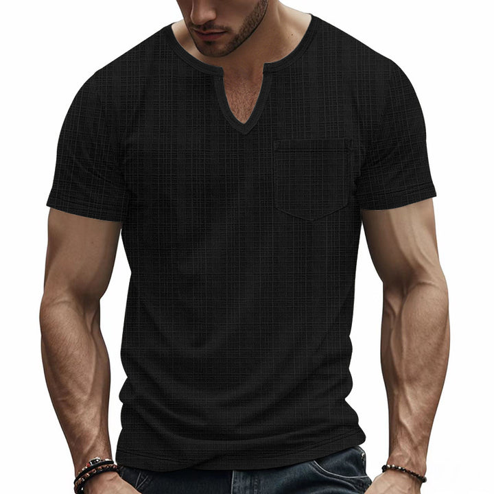 Men's short-sleeved shirt with slit V-neck structured linen look and patch chest pocket StylebySassy