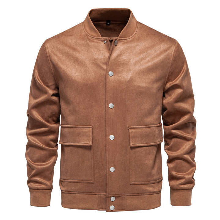Men's suede-look college jacket with snap button closure, flap pockets and ribbed hem StylebySassy