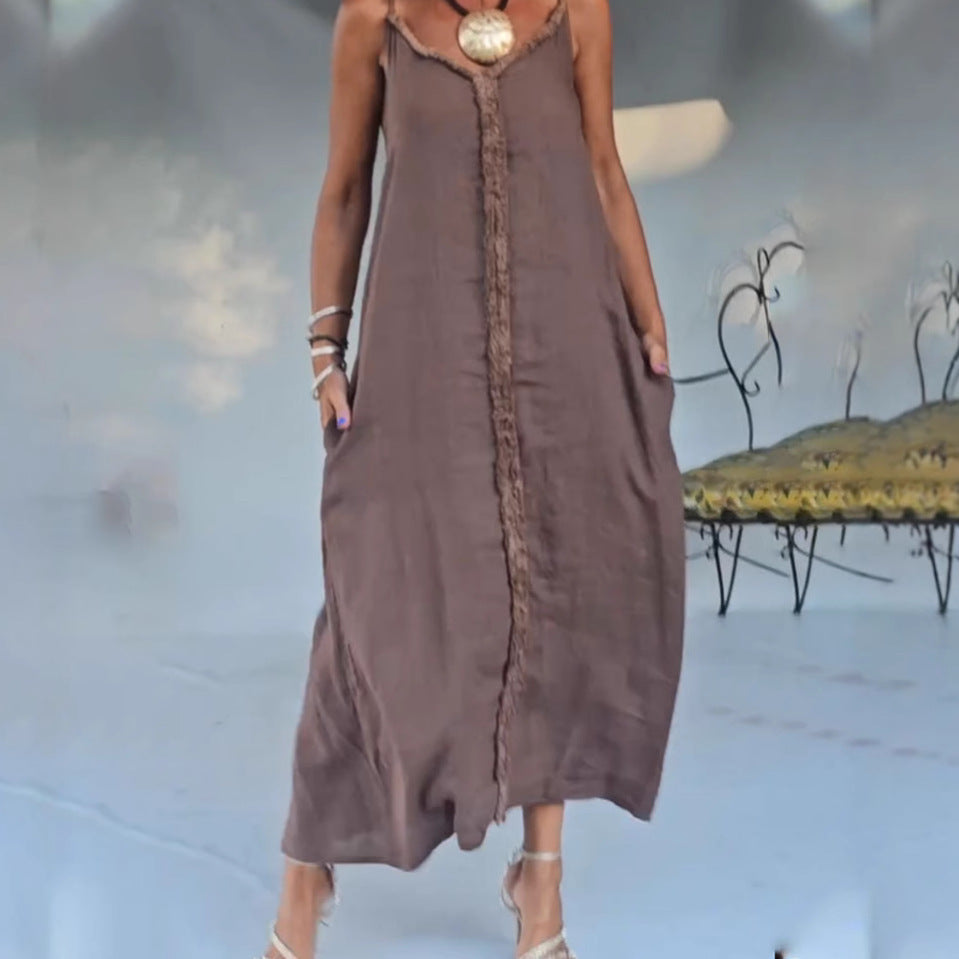 Women's airy linen-look maxi strap dress with fringed center seam and inset pockets StylebySassy