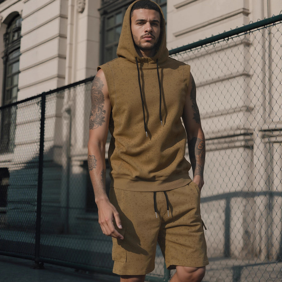 Men's Hooded Muscle Shirt Set with Functional Cargo Bermuda StylebySassy