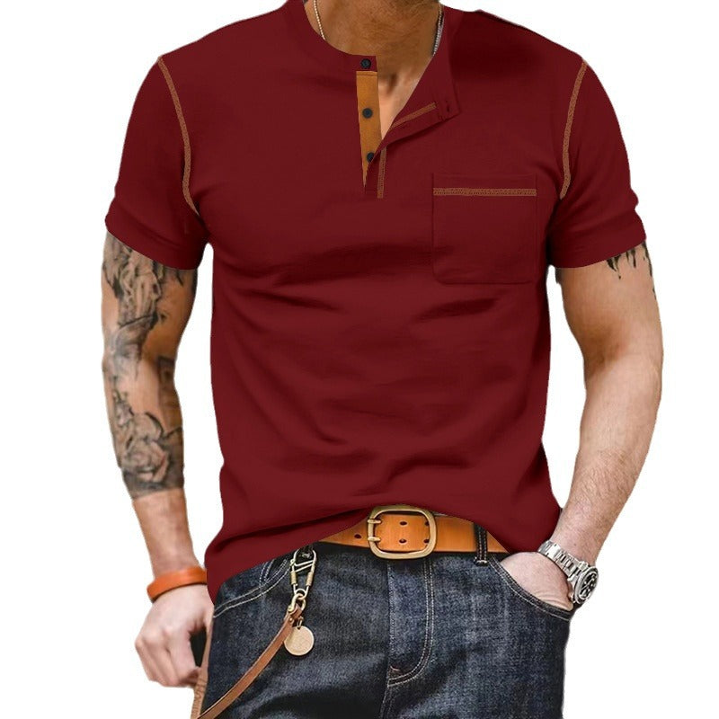 Men's short-sleeve shirt with stand-up collar, half-button placket, and chest pocket StylebySassy