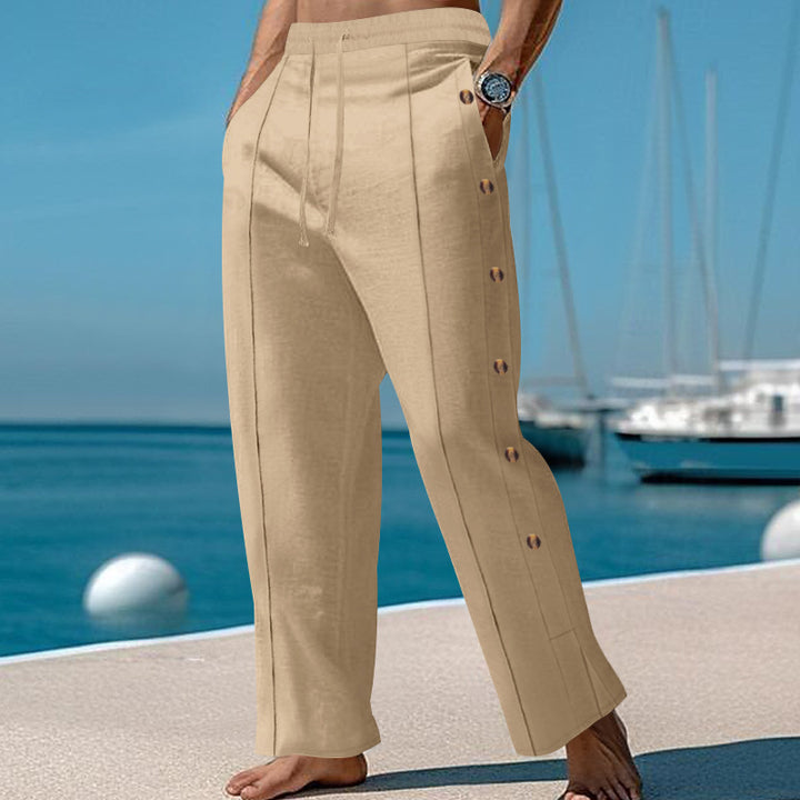 Men's nautical relaxed trousers with wide leg, elastic drawstring waistband and side button placket StylebySassy