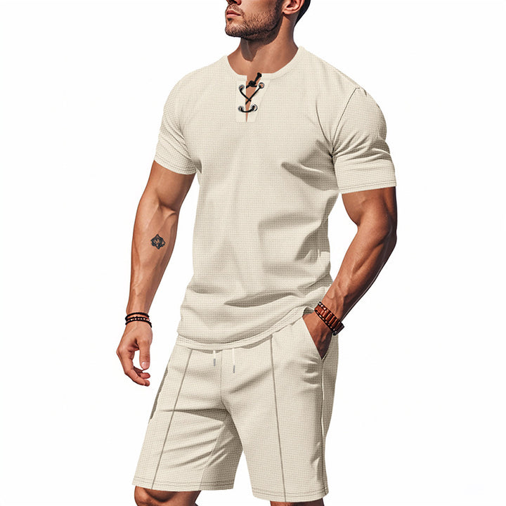 Men's short-sleeved lace-up collar shirt in waffle jersey with pleated Bermuda StylebySassy