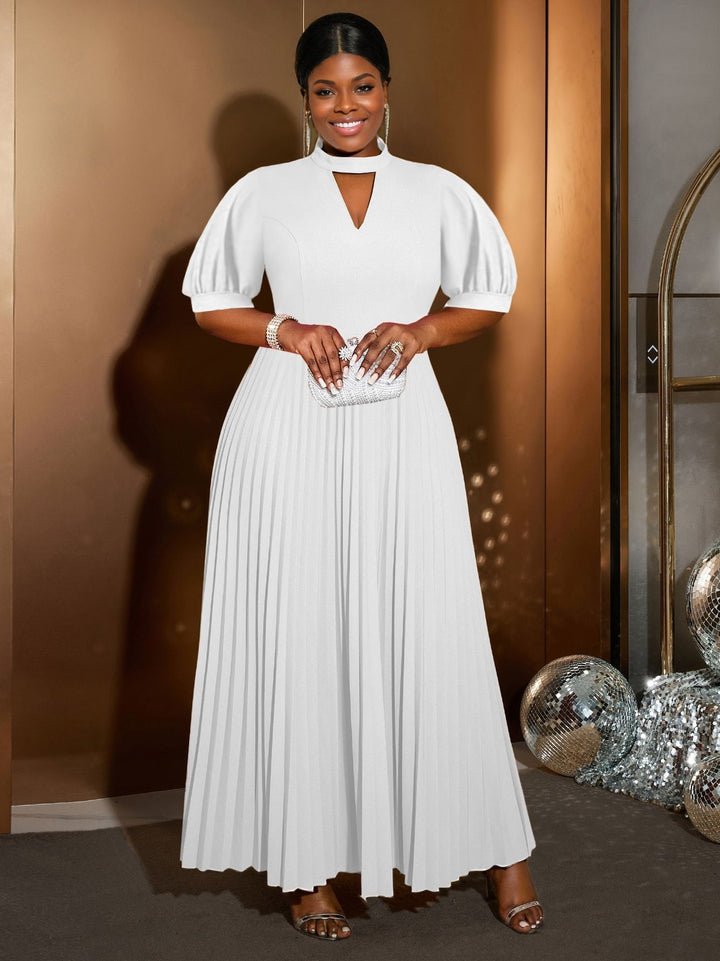 Ladies Elegant Maxi Dress with Pleated Skirt and Keyhole Neckline StylebySassy