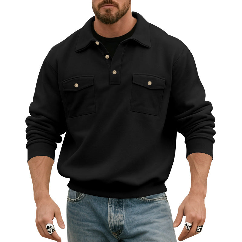 Men's polo collar sweatshirt with patch chest pockets and ribbed cuffs StylebySassy