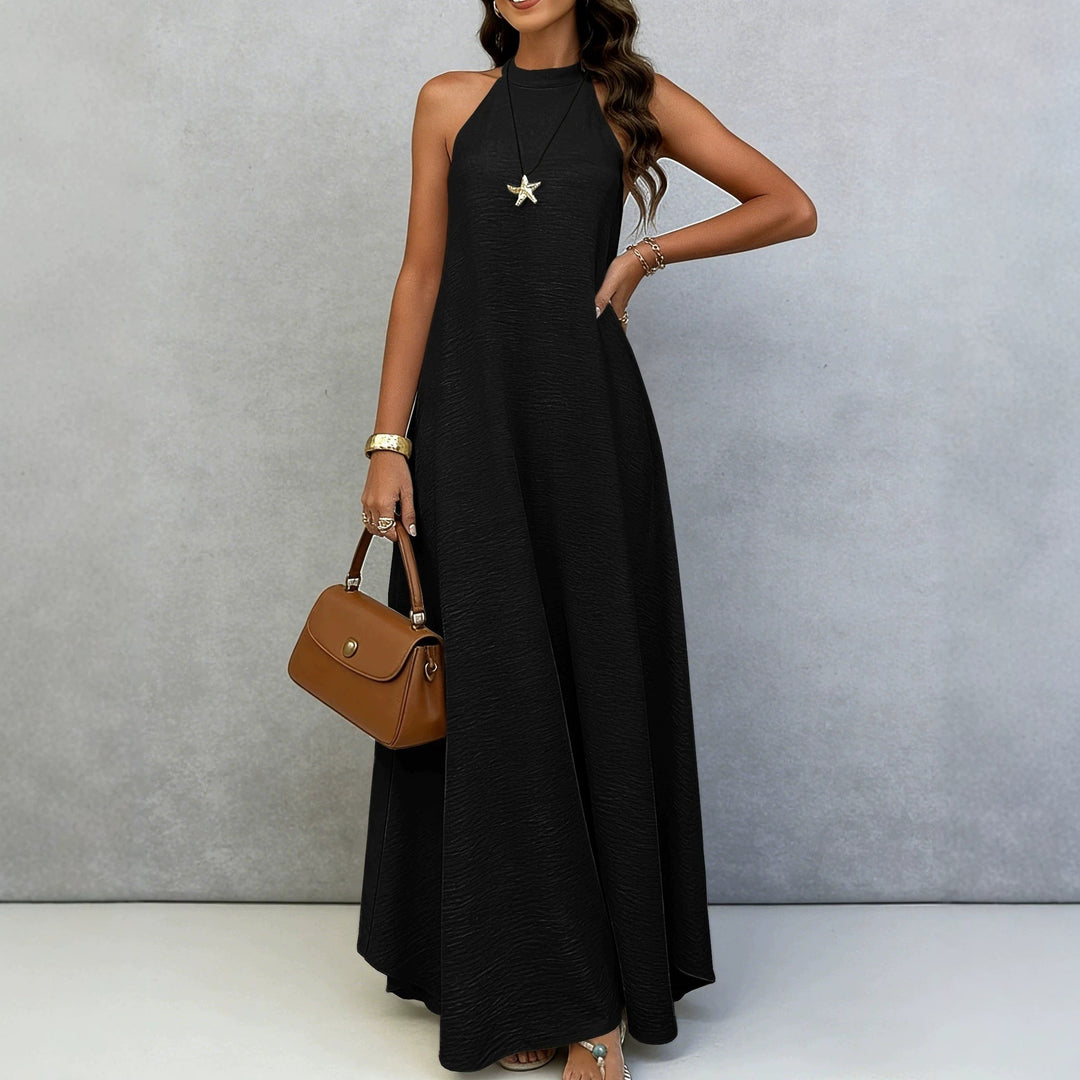 Women’s sleeveless maxi dress with high standing collar, flowing A-line and crepe texture StylebySassy