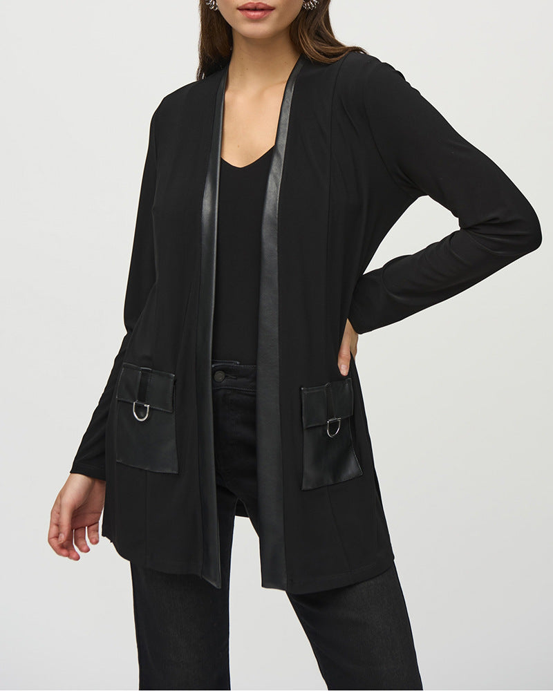 Women’s open jersey cardigan with faux leather trim and D-ring pockets StylebySassy