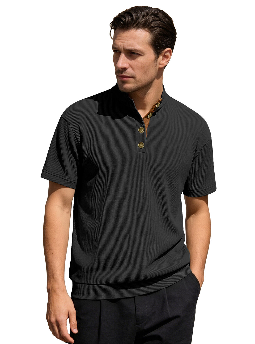 Men's Waffle Structure Short Sleeve Henley with Stand-Up Collar and Decorative Button Placket StylebySassy