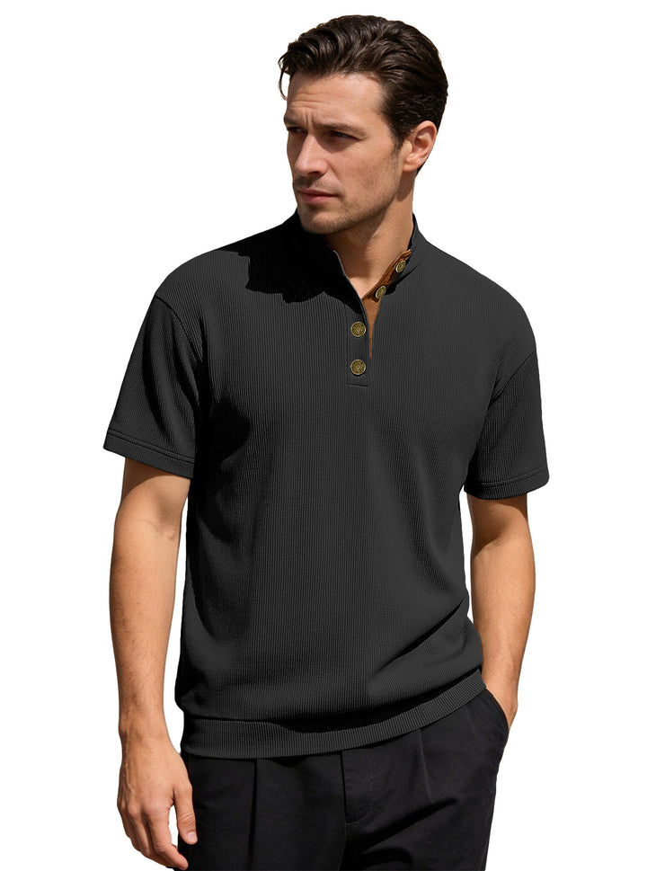 Men's Waffle Structure Short Sleeve Henley with Stand-Up Collar and Decorative Button Placket StylebySassy