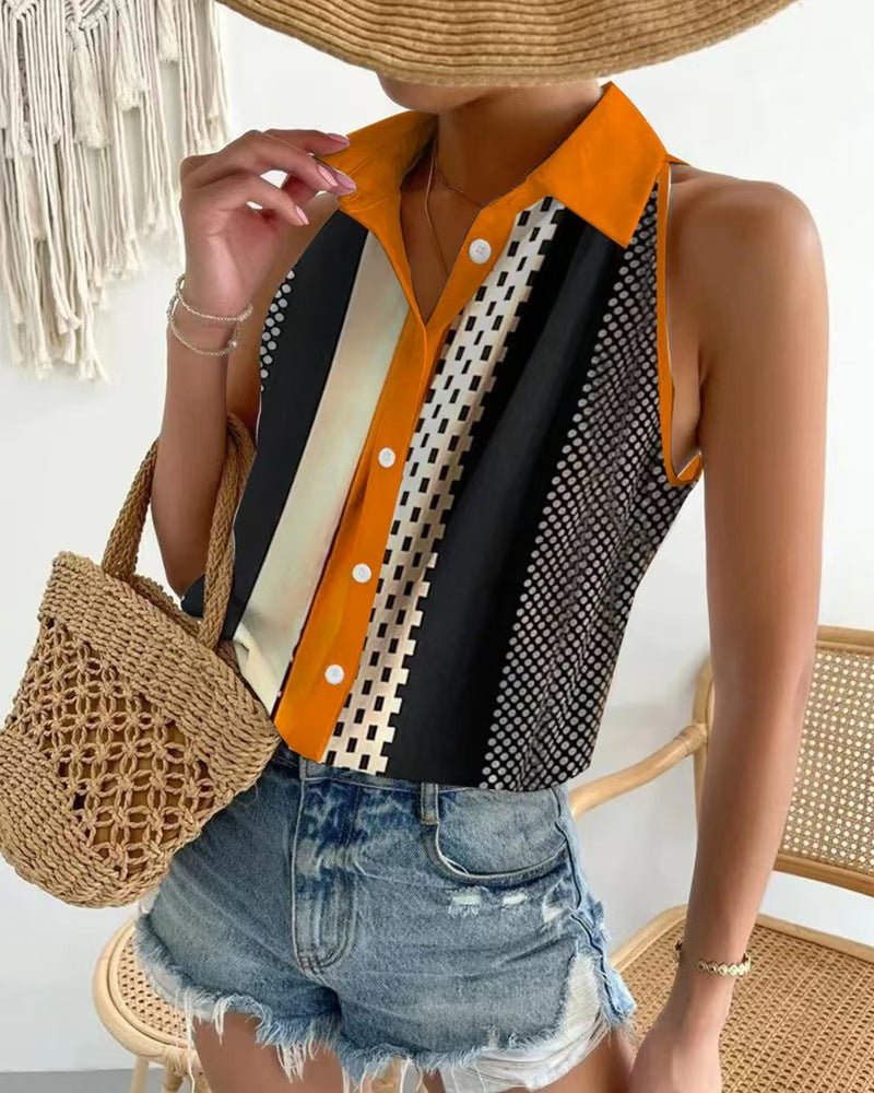 Women's sleeveless shirt top with pointed collar, contrasting button placket and geometric dot and stripe pattern StylebySassy