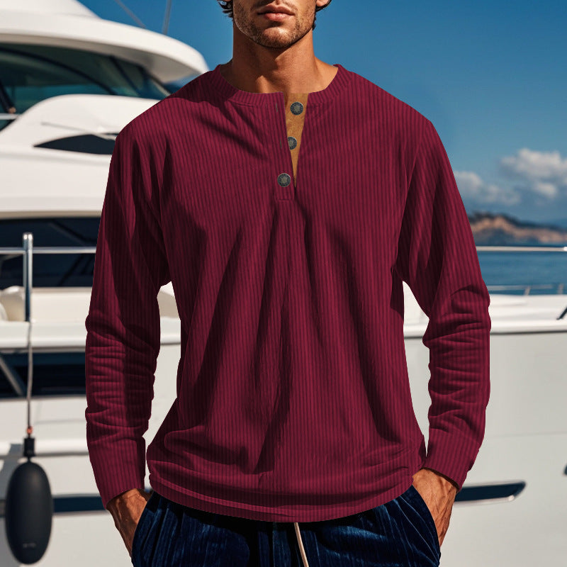 Men's ribbed long-sleeve Henley shirt with stand-up collar and concealed placket made of breathable jersey StylebySassy
