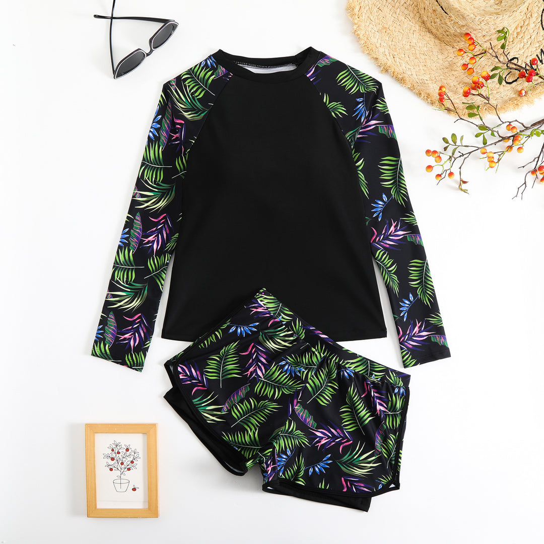 Women's Sporty Long Sleeve Rashguard with Colorful Leaf Design StylebySassy