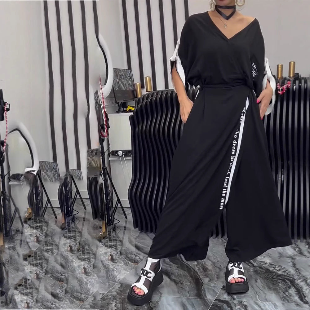 Women's sporty-elegant maxi dress with V-neck, waist belt, contrast side band, and chest pocket StylebySassy