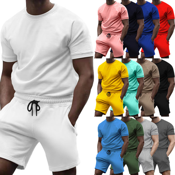 Men's short-sleeve sweat set made of soft sweatshirt fabric with a round neck shirt and drawstring shorts StylebySassy