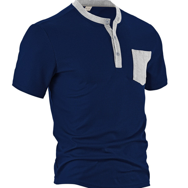 Men's breathable waffle henley shirt with stand-up collar, short button placket, and patch chest pocket StylebySassy