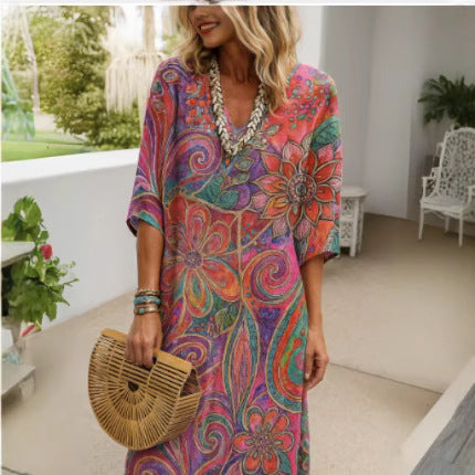 Women nan lightweight Boho kaftan dress with V-neck, loose silhouette, and three-quarter sleeves StylebySassy