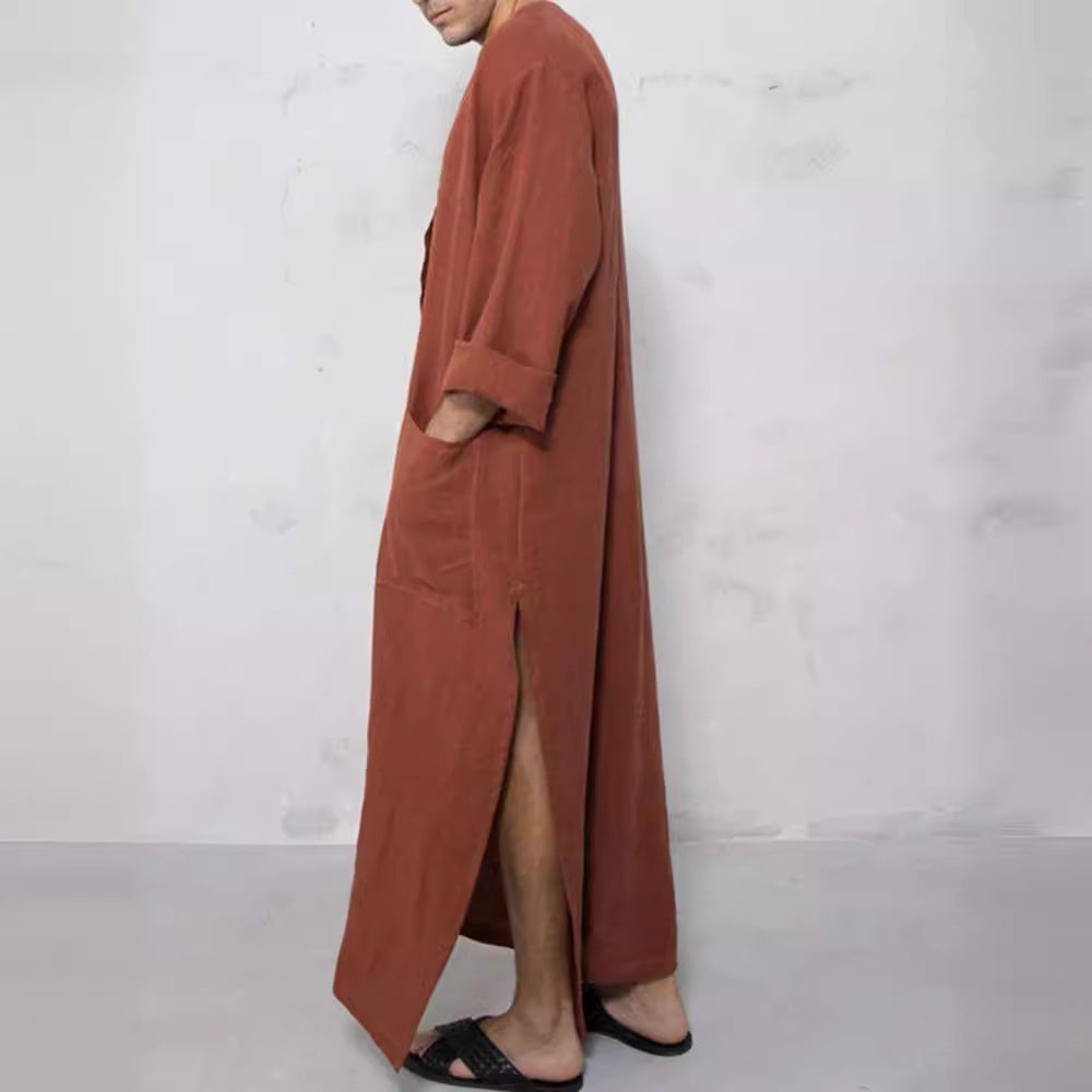 Men's wide long tunic-kaftan made of breathable linen with stand-up collar, button placket, and patch pockets StylebySassy